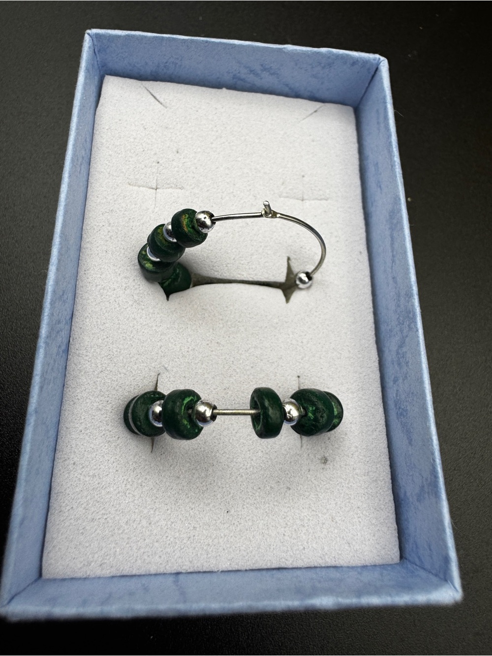 Green Bead Hoop Earrings with Silver Accent